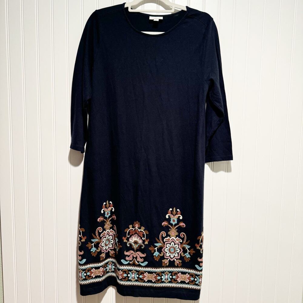 J Jill Navy Blue Embroidered Hem Long Sleeve Dress Size Medium - Picture 2 of 6
